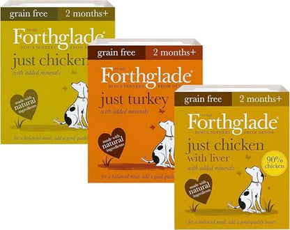 Forthglade Complementary Wet Dog Food (12 x 395g Trays) - Grain Free & Hypoallergenic Dog Food, Just Chicken, Chicken with Liver & Turkey, 90% Protein Stomach Sensitive with Natural Ingredients