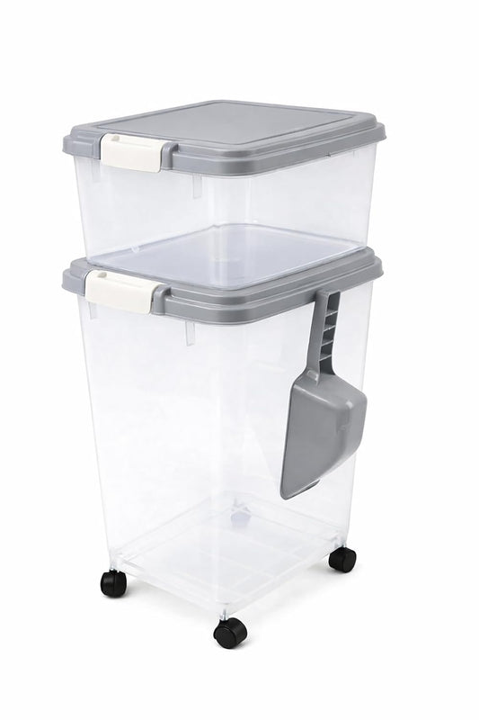 raxter Pet Food Storage Container Set, Clear with Red Lid, Food-Grade Plastic, 45L Combined Capacity, Airtight Seal, Wheeled Base, Stackable, 3 Piece Set with Measuring Scoop (Grey)