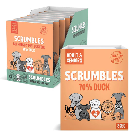 Scrumbles • Wet Dog Food • Hypoallergenic • All Lifestages • Duck 70% • 2.76kg (7 Trays x 395g) • Natural Complete Adult Recipe • Gut Friendly Prebiotics