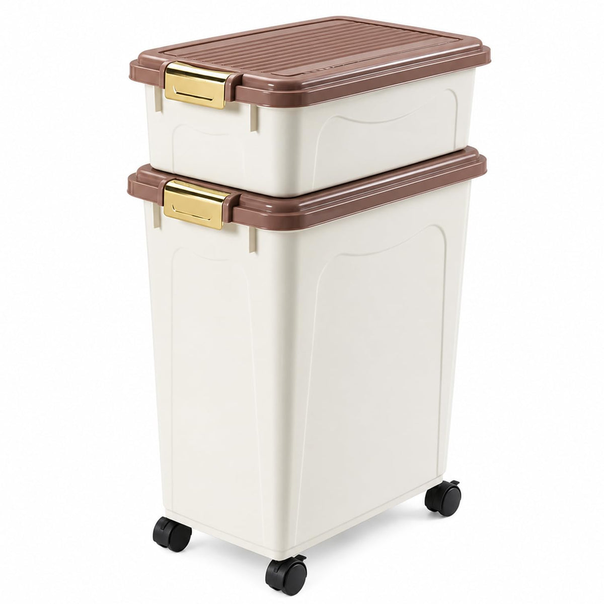 Greenfields 2 Tier Stackable Pet Food Storage Container Set, 12L and 40L Dry Food Bins with Secure Buckles, Sealing Strips, Scoop and Caster Wheels for Dog Food, Cat Food, Treats and Bird Seed - Brown