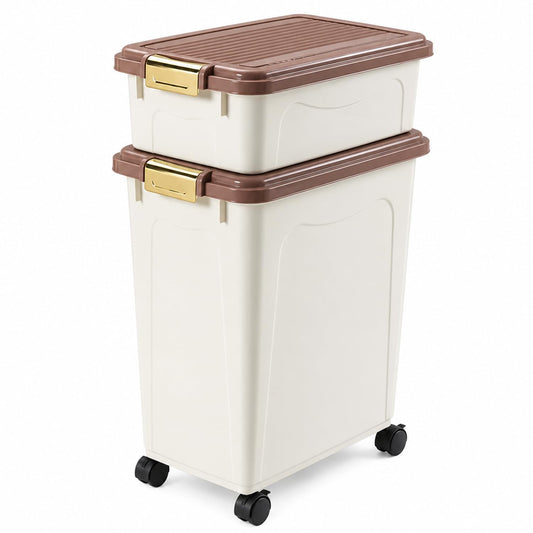 Greenfields 2 Tier Stackable Pet Food Storage Container Set, 12L and 40L Dry Food Bins with Secure Buckles, Sealing Strips, Scoop and Caster Wheels for Dog Food, Cat Food, Treats and Bird Seed - Brown