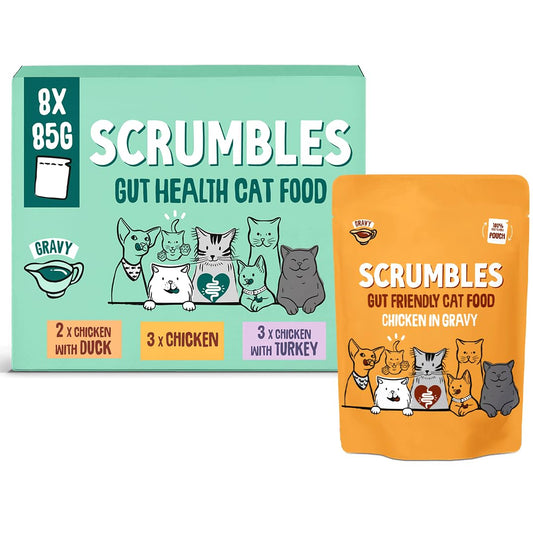 Scrumbles • Wet Cat Pouches • Gravy • Hypoallergenic • All Lifestages • 3x Chicken • 3xChicken with Turkey • 2x Chicken with Duck • 8 Pouches (85g) • 80%+ Meat • Prebiotics
