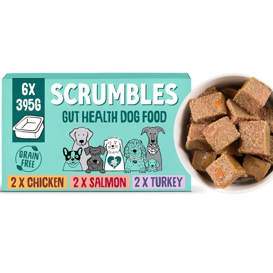 Scrumbles • Wet Dog Food • Hypoallergenic • All Lifestages • Meat and Fish Selection Multipack • 2.37kg (6 Trays x 395g) • Natural Complete Adult Recipe • Gut Friendly Prebiotics