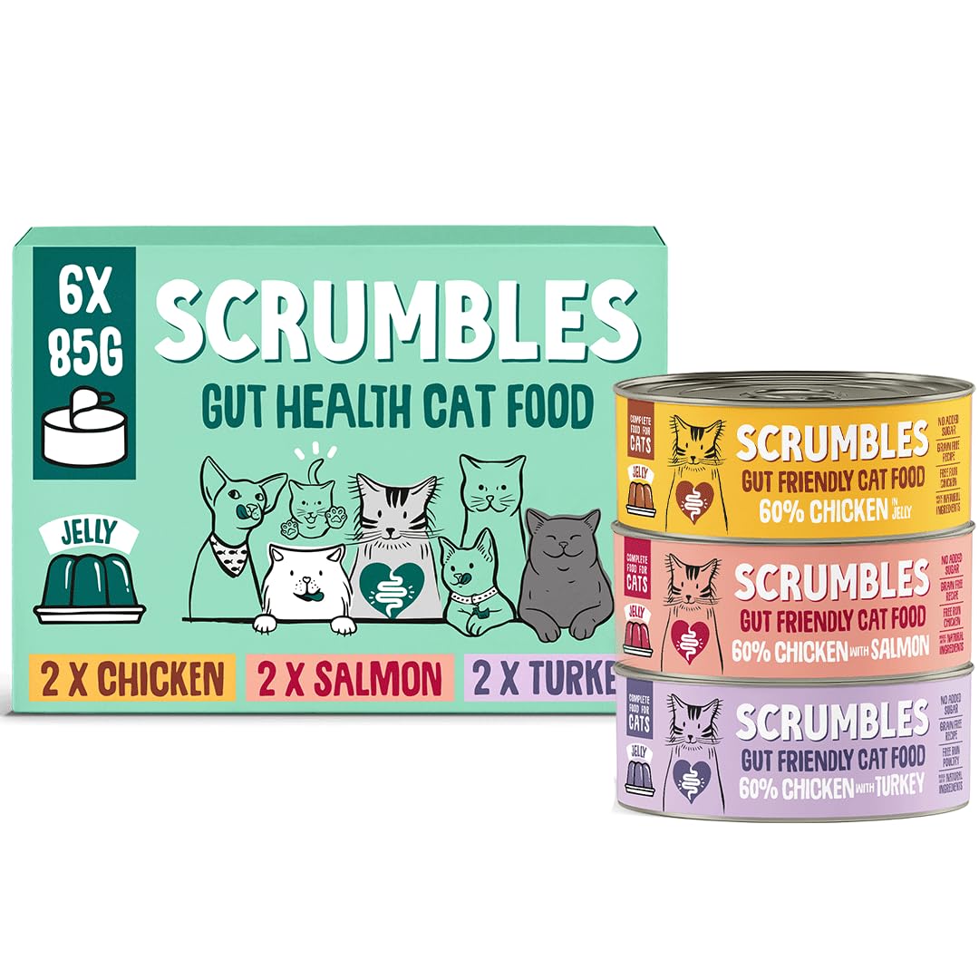 Scrumbles • Wet Cat • Fish & Poultry • Hypoallergenic • All Lifestages • 2 x Chicken • 2 x Salmon • 2 x Turkey • 6 Tins (85g) • 60% Meat