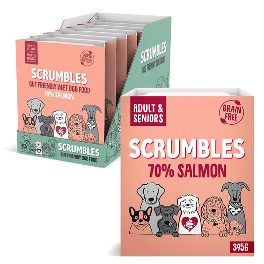 Scrumbles • Wet Dog Food • Hypoallergenic • All Lifestages • Salmon 70% • 2.76kg (7 Trays x 395g) • Natural Complete Adult Recipe • Gut Friendly Prebiotics