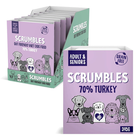 Scrumbles • Wet Dog Food • Hypoallergenic • All Lifestages • Turkey 70% • 2.76kg (7 Trays x 395g) • Natural Complete Adult Recipe • Gut Friendly Prebiotics