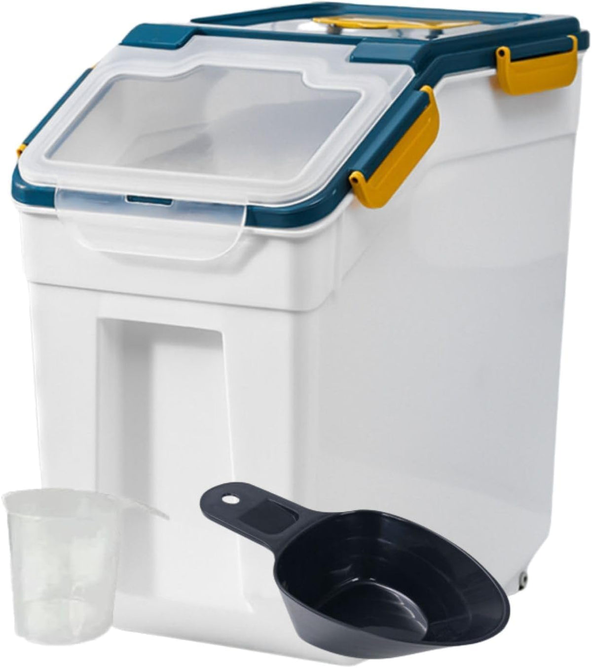 10KG Plastic Food Storage Container Box with Lid & Wheels – Large Airtight Pet & Kitchen Organizer Bin for Dog & Cat Food, Flour, Cereal, Nuts, Beans, Includes Measuring Cup & Scoop (Blue)