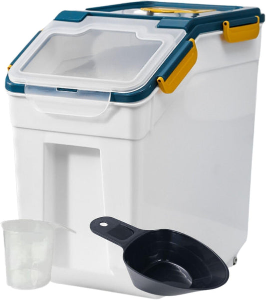 10KG Plastic Food Storage Container Box with Lid & Wheels – Large Airtight Pet & Kitchen Organizer Bin for Dog & Cat Food, Flour, Cereal, Nuts, Beans, Includes Measuring Cup & Scoop (Blue)