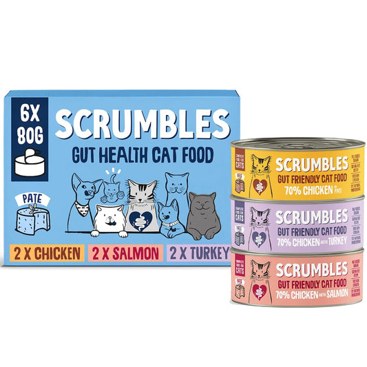 Scrumbles • Wet Cat • Pate • Hypoallergenic • All Lifestages • 2 x Chicken • 2 x Salmon • 2 x Turkey • 6 Tins (80g) • 70% Meat