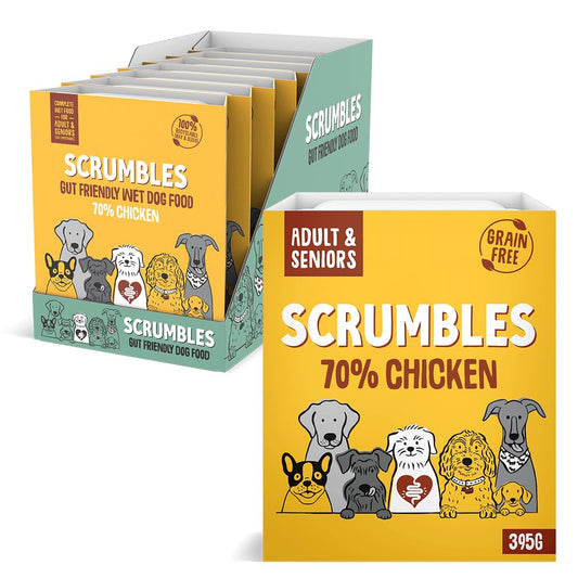 Scrumbles • Wet Dog Food • Hypoallergenic • All Lifestages • Chicken 70% • 2.76kg (7 Trays x 395g) • Natural Complete Adult Recipe • Gut Friendly Prebiotics