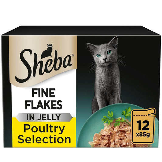 Sheba Fine Flakes in Jelly – Poultry Collection – Wet Cat Food Pouches for Adult Cats – 48 x 85 g Pack