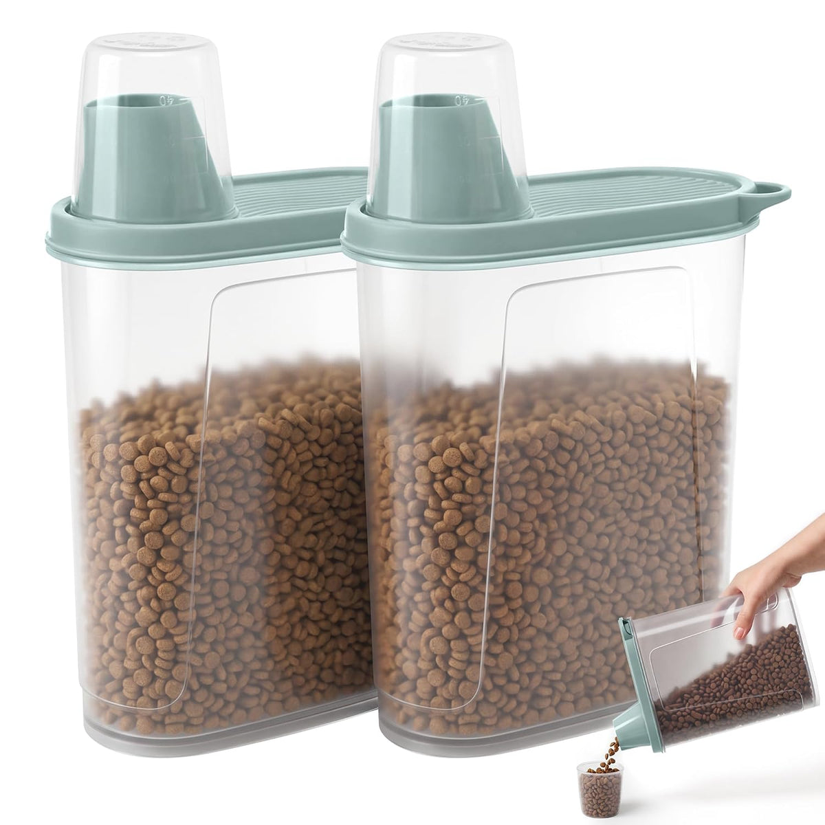 Citylife 2 Pack Dog Food Container Airtight Cat Pet Food Storage Container with Measuring Cup Pour Spout Food Dispenser for Dog, Cat, Bird, 16.7 * 7.5 * 22.8cm, 2 * 2.3 L(Green)