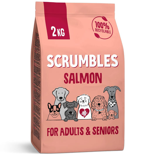 Scrumbles • Dry Dog Food • Hypoallergenic • All Lifestages • Salmon • 2kg Bag • Natural Complete Adult Recipe • Gut Friendly Prebiotics & Probiotics • Gluten Free • Joint Care