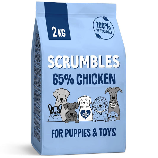 Scrumbles • Dry Dog Food • Hypoallergenic • Puppy • Chicken 65% • 2kg Bag • Natural Complete Adult Recipe • Gut Friendly Prebiotics & Probiotics • Gluten Free • Joint Care