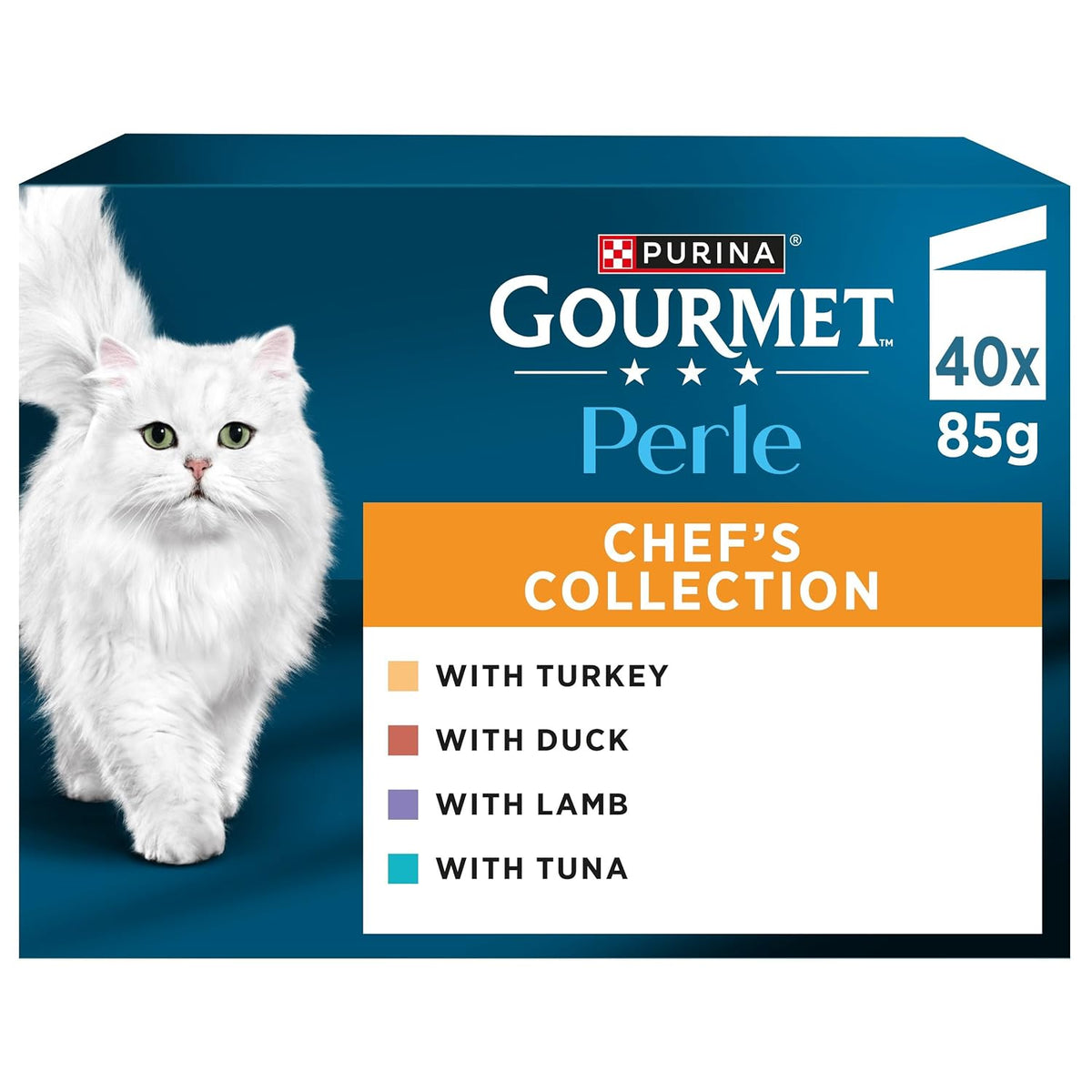 GOURMET Perle Chef's Collection Adult Wet Cat Food Mini Fillets in Gravy Variety Turkey, Tuna, Duck, Lamb 40 x 85g Pouches