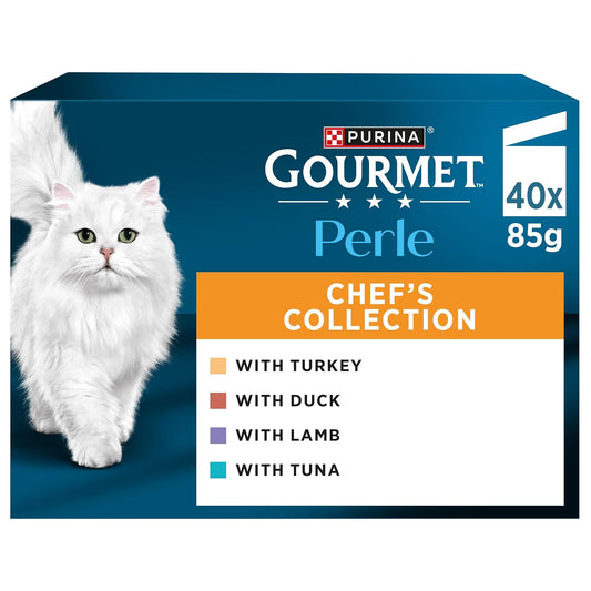 GOURMET Perle Chef's Collection Adult Wet Cat Food Mini Fillets in Gravy Variety Turkey, Tuna, Duck, Lamb 40 x 85g Pouches