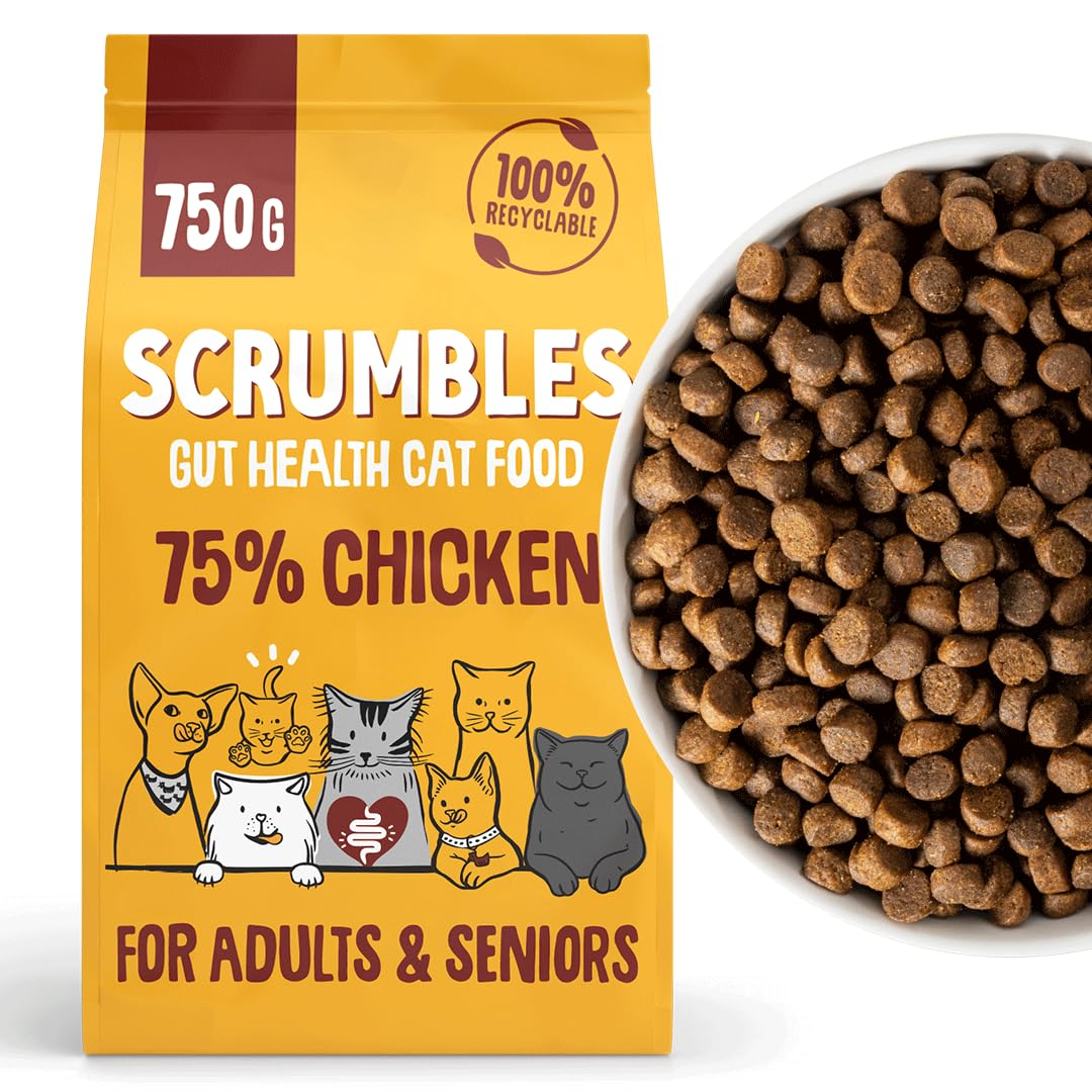 Scrumbles • Dry Cat Food • Hypoallergenic • All Lifestages • Chicken 75% • 750g Bag • Natural Complete Adult Recipe • Gut Friendly Prebiotics & Probiotics • Gluten Free