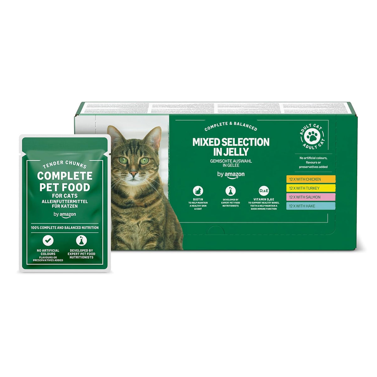 by Amazon Grain-Free Complete Wet Food for Adult Cats, Mixed Selection In Jelly, 4.8 kg (48 pouches of 100g)