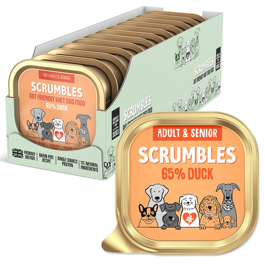 Scrumbles • Wet Dog Food • Hypoallergenic • All Lifestages • Duck 65% • 1.8kg (12 Trays x 150g) • Natural Complete Adult Recipe • Gut Friendly Prebiotics