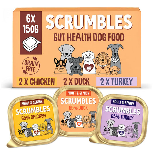 Scrumbles • Wet Dog Food • Hypoallergenic • All Lifestages • Poultry Multipack • 0.9kg (6 Trays x 150g) • Natural Complete Adult Recipe • Gut Friendly Prebiotics