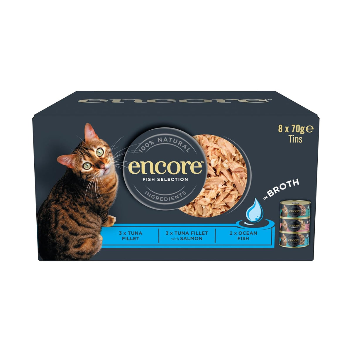 Encore Natural Wet Adult Cat Food, Fish Selection in Broth, 8x70g Tins