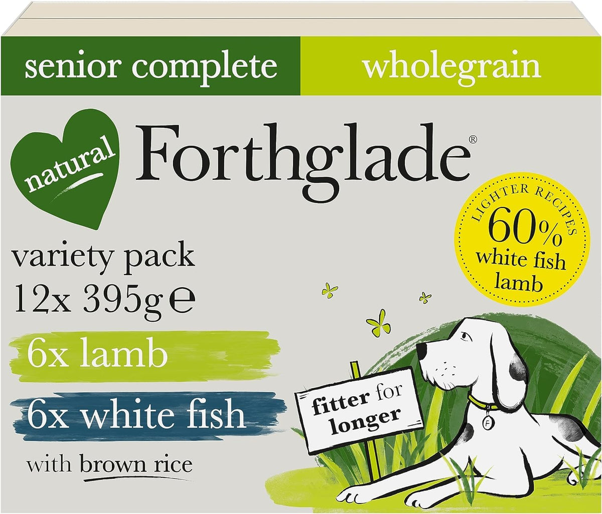 Forthglade Wet Dog Food Variety Pack (12 x 395g Trays) - Senior 7 Years+, Wholegrain & Hypoallergenic Dog Food, Lamb & White Fish, Vegetables, Brown Rice, Stomach Sensitive, Natural Ingredients