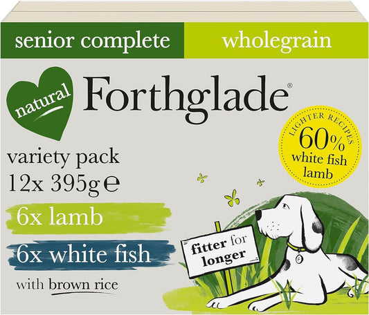 Forthglade Wet Dog Food Variety Pack (12 x 395g Trays) - Senior 7 Years+, Wholegrain & Hypoallergenic Dog Food, Lamb & White Fish, Vegetables, Brown Rice, Stomach Sensitive, Natural Ingredients