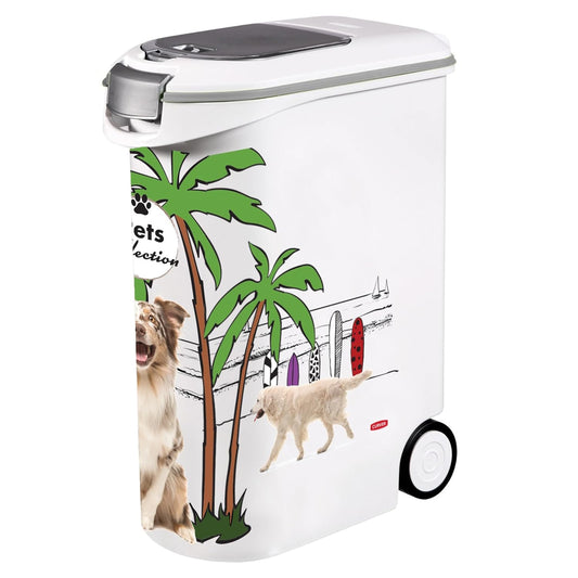 Curver Pets Collection Dog Food Container, Large Airtight Odour Proof Storage Bin with Dual Lid Openings and Scoop Compartment, Durable Design with Handles and Wheels, 54L 20kg, White