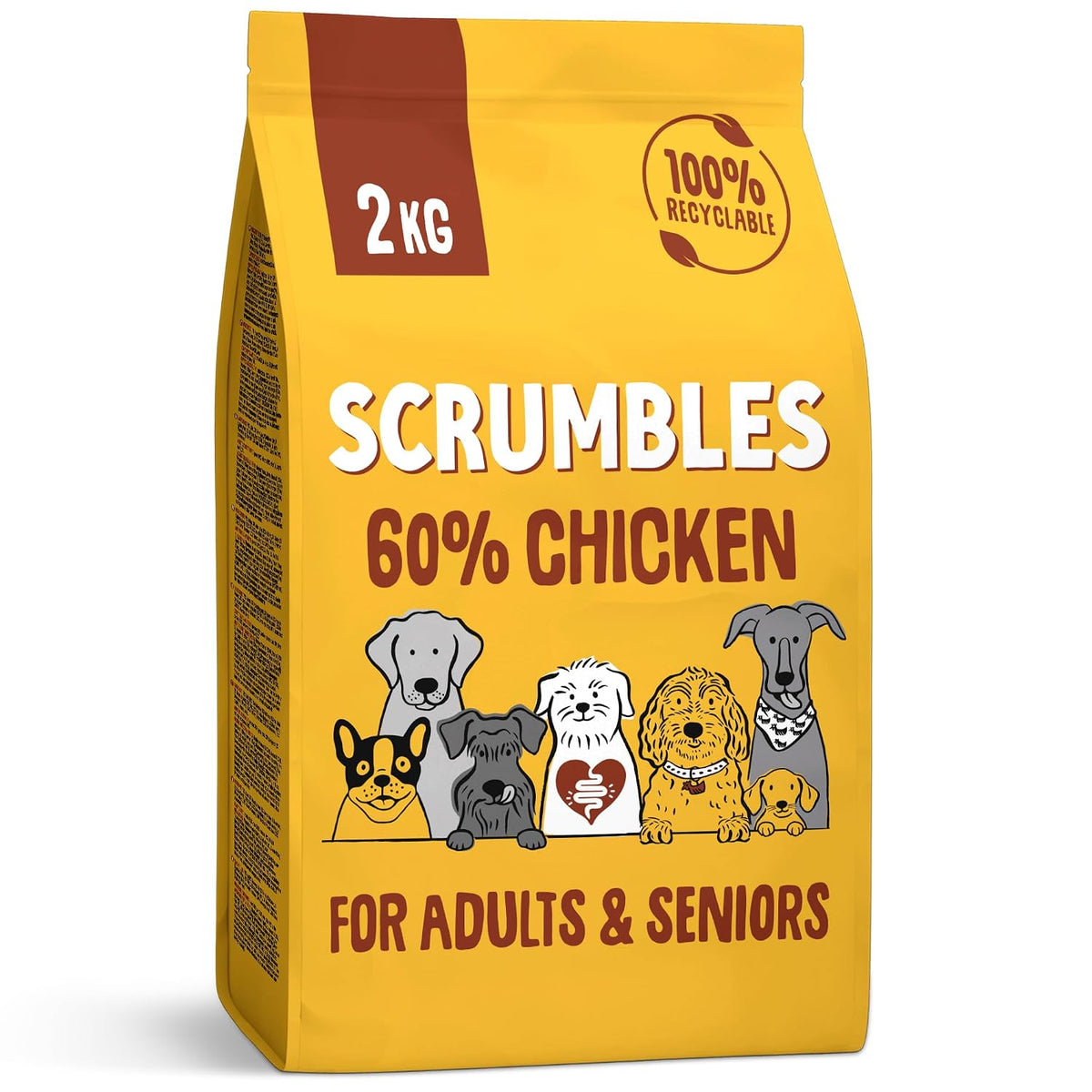 Scrumbles • Dry Dog Food • Hypoallergenic • All Lifestages • Chicken 60% • 2kg Bag • Natural Complete Adult Recipe • Gut Friendly Prebiotics & Probiotics • Gluten Free