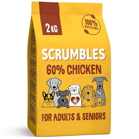 Scrumbles • Dry Dog Food • Hypoallergenic • All Lifestages • Chicken 60% • 2kg Bag • Natural Complete Adult Recipe • Gut Friendly Prebiotics & Probiotics • Gluten Free