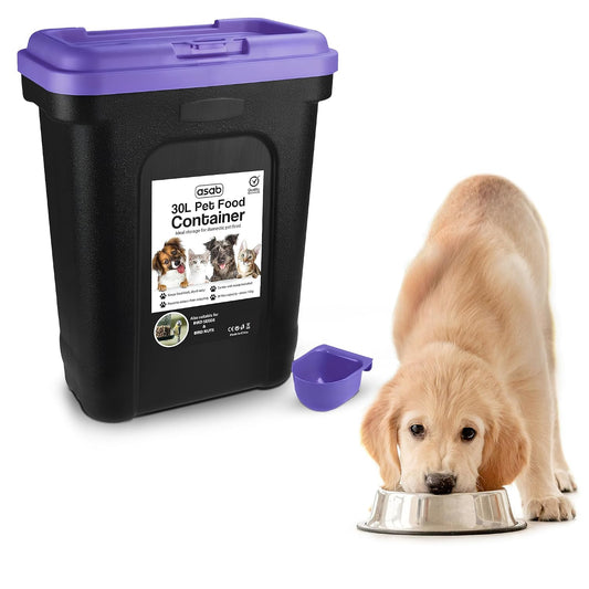 ASAB Pet Food Storage Container Large 30L/15kg Plastic Food Storage Container With Integrated Food Scoop and Flip Top Locking System Perfect for Dog Treats Dog Food and Kitten Food (Purple - Large)