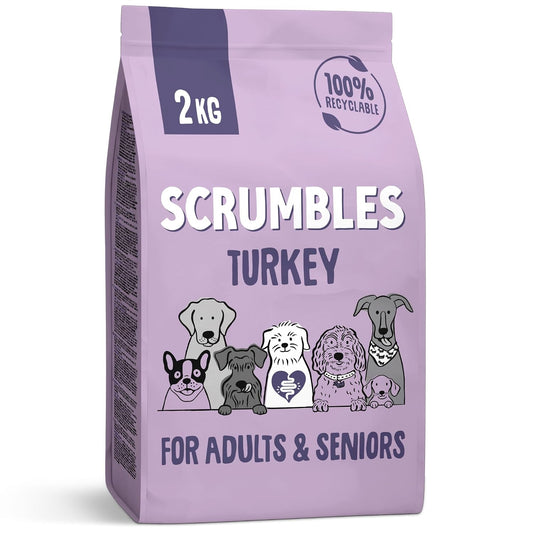 Scrumbles • Dry Dog Food • Hypoallergenic • All Lifestages • Turkey 50% • 2kg Bag • Natural Complete Adult Recipe • Gut Friendly Prebiotics & Probiotics • Gluten Free • Chicken Free
