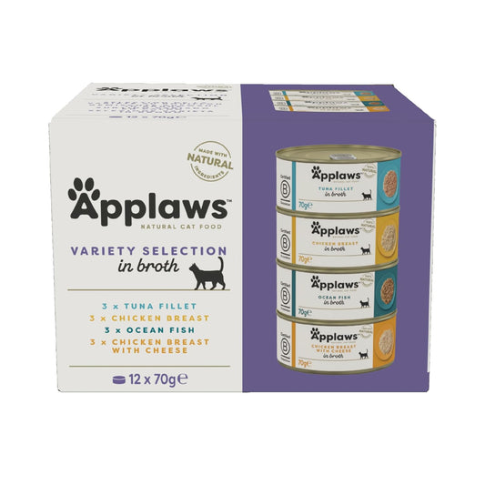 Applaws Natural Wet Cat Food, Multipack Chicken and Fish Selection in Broth 70 g Tin (Pack of 12)