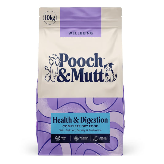 Pooch & Mutt - Health & Digestion Complete Dry Dog Food Grain Free (Regular Sized Kibble), for Senstive Stomachs and Digestion Health, Salmon and Sweet Potato, 10kg (packaging may vary)