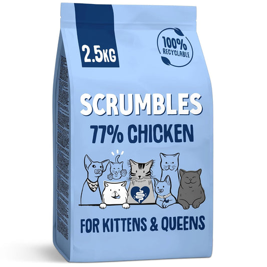 Scrumbles • Dry Cat Food • Hypoallergenic • Kittens & Mums • Chicken 77% • 2.5kg Bag • Natural Complete Adult Recipe • Gut Friendly Prebiotics & Probiotics • Gluten Free