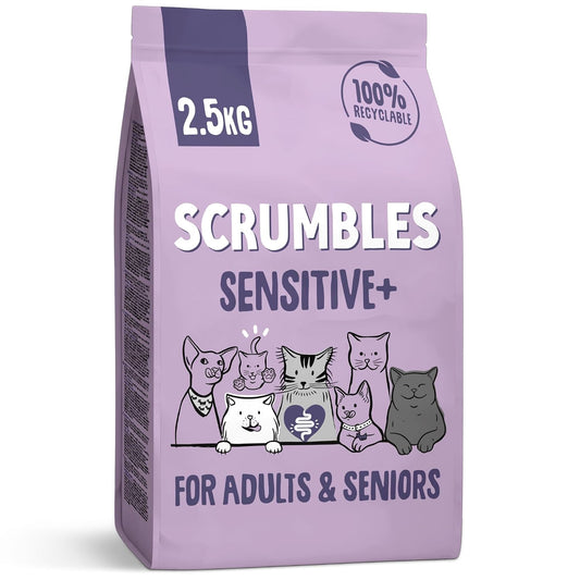 Scrumbles • Dry Cat Food • Hypoallergenic • All Lifestages • Chicken 74% • 2.5kg Bag • Joint Care • Natural Complete Adult Recipe • Gut Friendly Prebiotics & Probiotics • Gluten Free