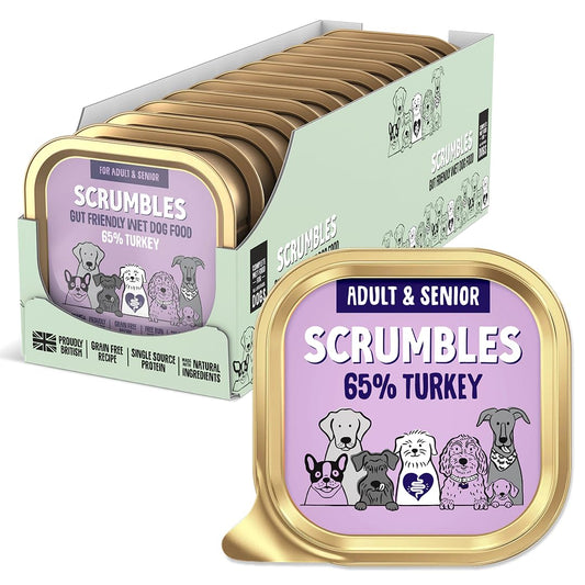 Scrumbles • Wet Dog Food • Hypoallergenic • All Lifestages • Turkey 65% • 1.8kg (12 Trays x 150g) • Natural Complete Adult Recipe • Gut Friendly Prebiotics