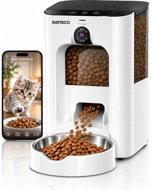 SANSCO Automatic Cat & Dog Feeders w/Camera, Auto Pet Food Timer Dispenser