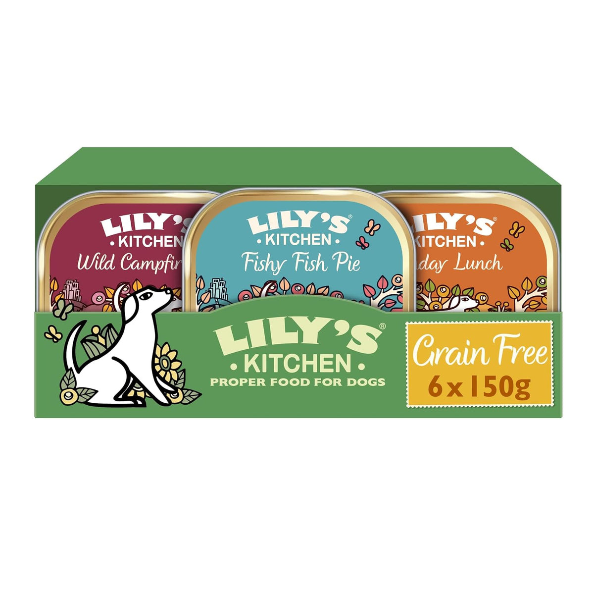 Lily's Kitchen Natural Adult Dog Food Wet Trays - Complete Grain-Free Multipack - Chicken, Fish & Venison (6 Trays x 150g)