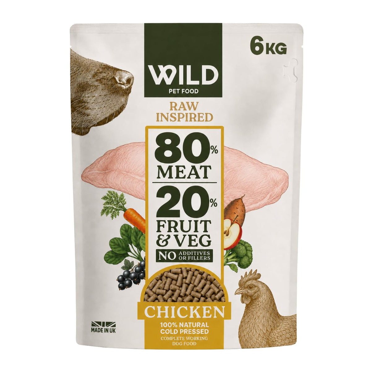Chicken (6 kg) Dog Food Dry, Grain-Free and 80:20 Cold Pressed, Low Fat, High Protein and Nutritionally Complete with Superfoods - Gastrointestinal Dog Food - Adult or Puppy
