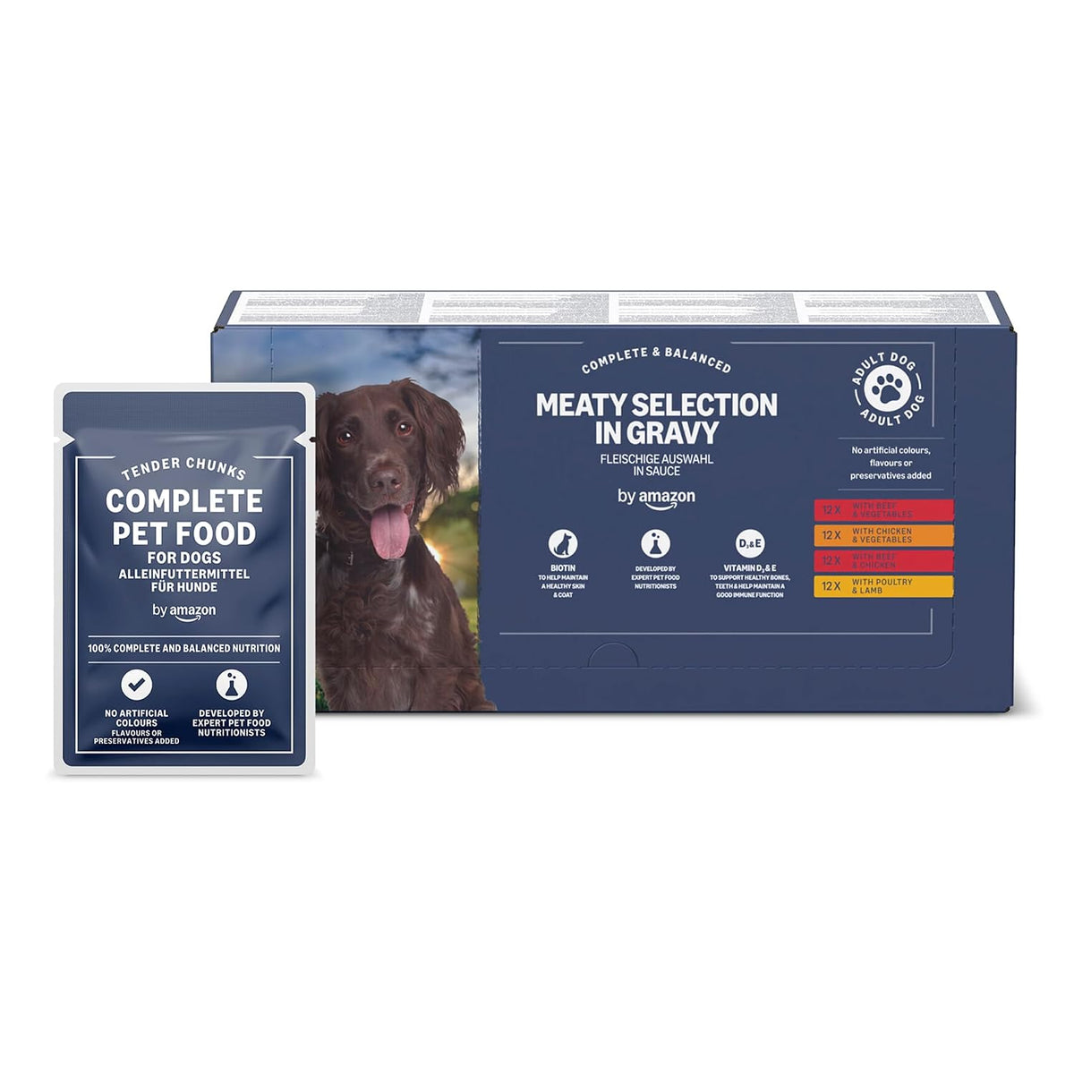 by Amazon Complete Wet Food for Adult Dogs, Meat Selection in Gravy, 4.8 kg (48 pouches of 100g)