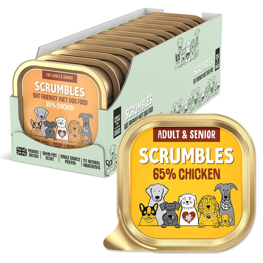 Scrumbles • Wet Dog Food • Hypoallergenic • All Lifestages • Chicken 65% • 1.8kg (12 Trays x 150g) • Natural Complete Adult Recipe • Gut Friendly Prebiotics