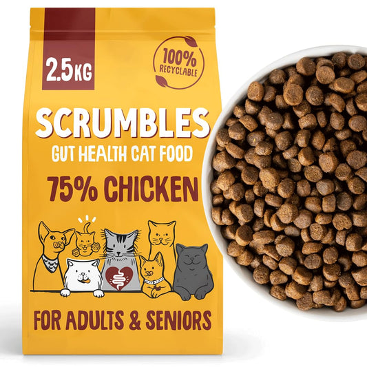 Scrumbles • Dry Cat Food • Hypoallergenic • All Lifestages • Chicken 75% • 2.5kg Bag • Natural Complete Adult Recipe • Gut Friendly Prebiotics & Probiotics • Gluten Free