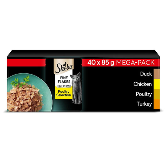 Sheba Fine Flakes in Jelly – Poultry Collection – Wet cat food pouches for adult cats – 40x85g pack