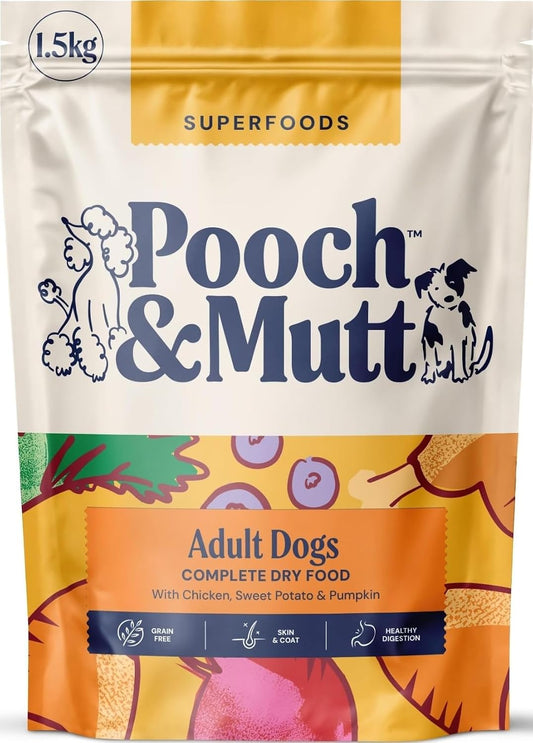 Pooch & Mutt - Adult Superfood Complete Dry Dog Food Grain Free (Regular Sized Kibble), Chicken, 1.5kg (packaging may vary)