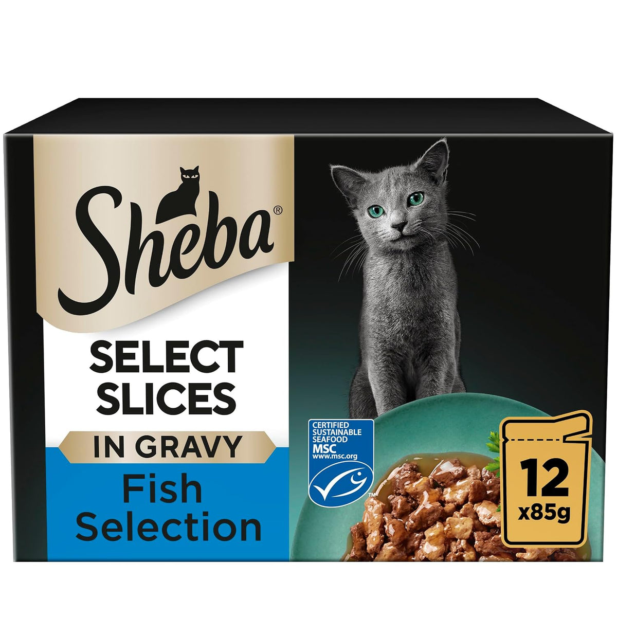 Sheba Select Slices in Gravy – Fish Collection – Wet cat food pouches for adult cats – 12 x 85g pack