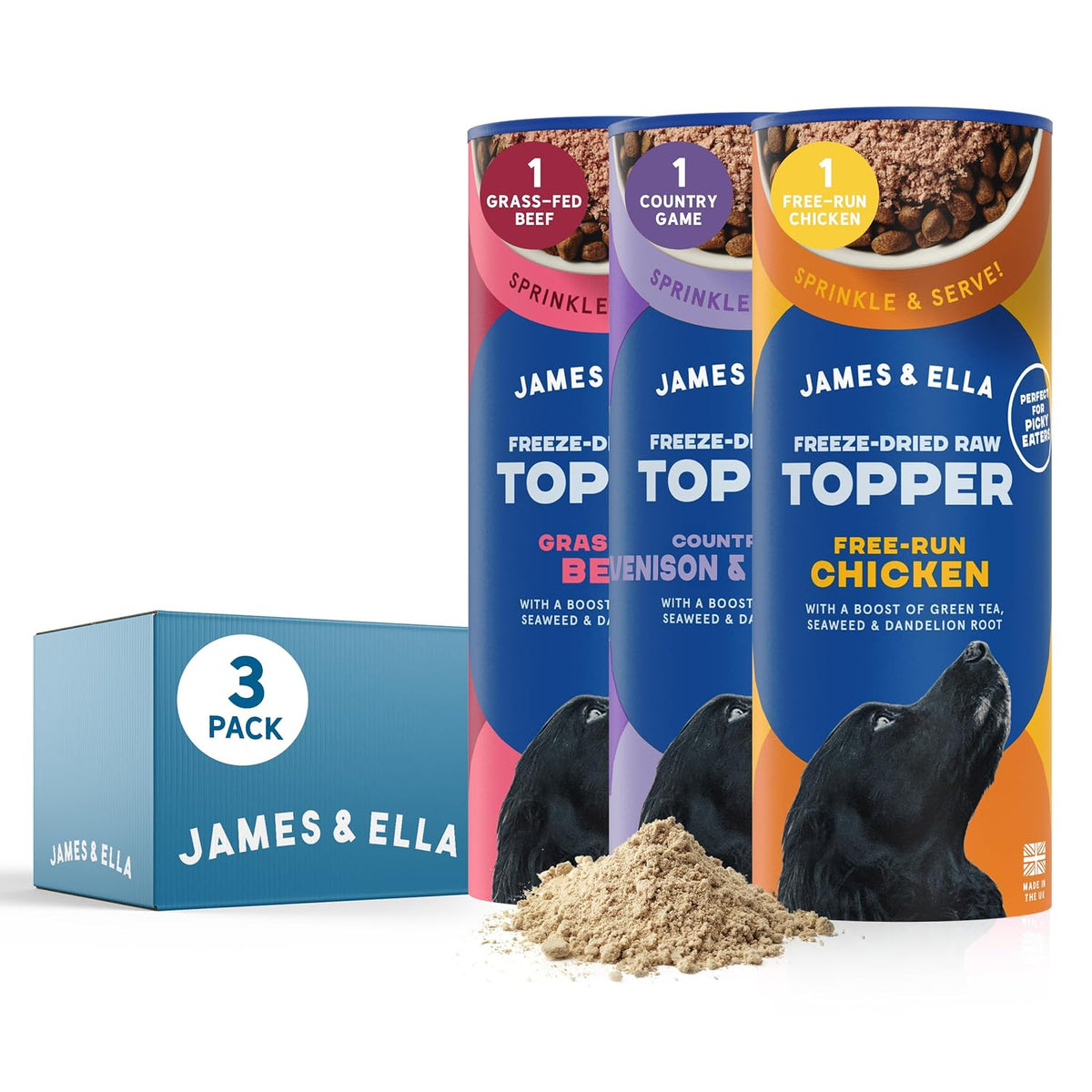 James & Ella Freeze-Dried Raw Dog Food Topper (3 x 50g) 1 Tube of Each Flavour, Chicken, Beef & Game ❘ Freeze-Dried to Seal in Nutrients, Packed with Essential Oils & Minerals, Grain & Gluten Free