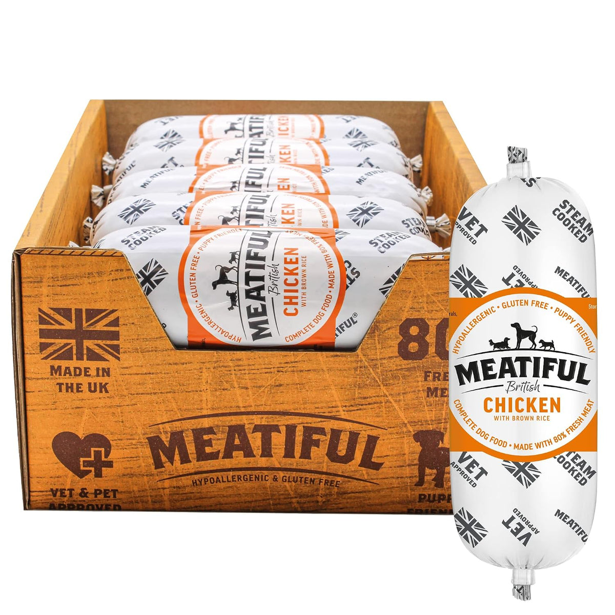 Meatiful | Complete Wet Dog Food, British Chicken with Brown Rice | Natural Ingredients with Added Vitamins & Minerals | 80% Fresh Chicken | Hypoallergenic & Gluten Free (10 x 320g)