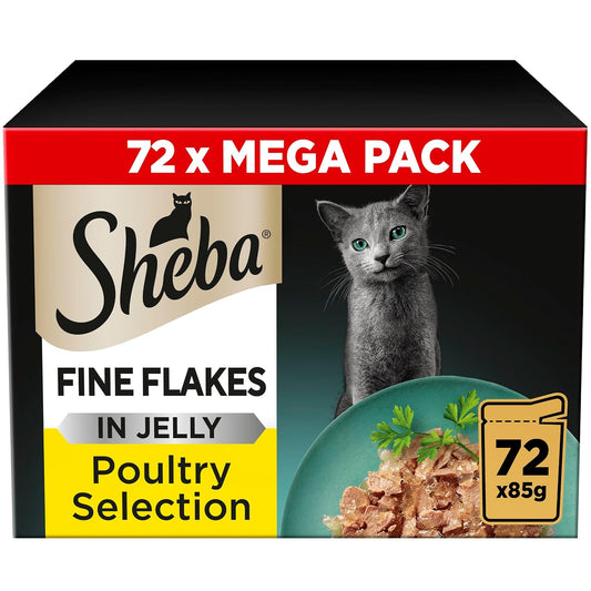 Sheba Fine Flakes in Jelly – Poultry Collection – Wet cat food pouches for adult cats – 72x85g pack