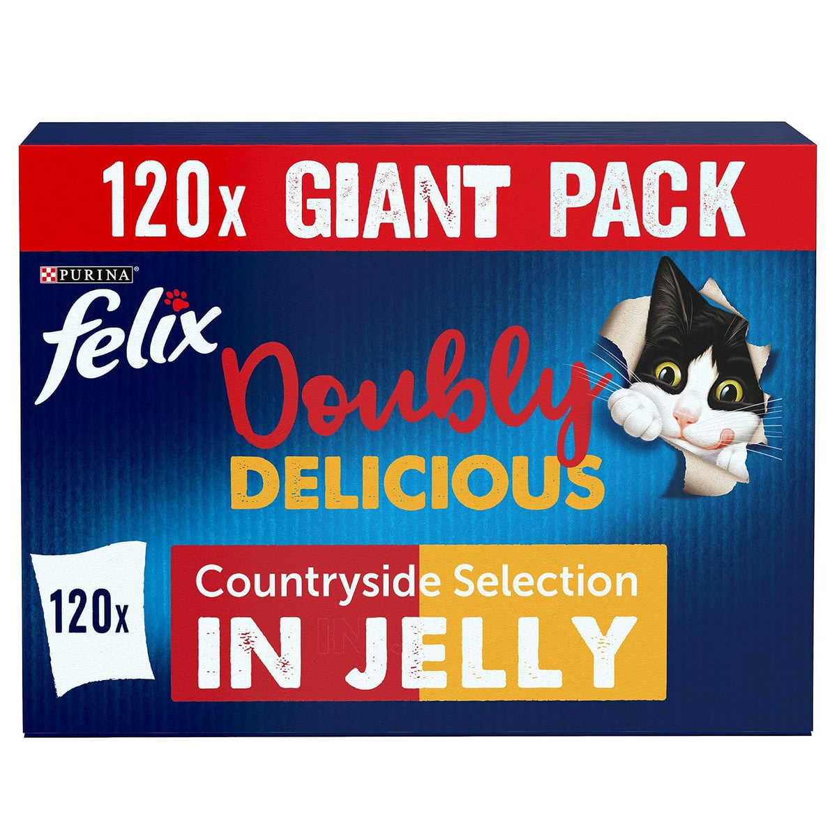 FELIX Doubly Delicious Adult Wet Cat Food Countryside Selection in Jelly Beef, Poultry, Chicken, Kidney, Lamb, Turkey, Liver 120 x 85g Pouches